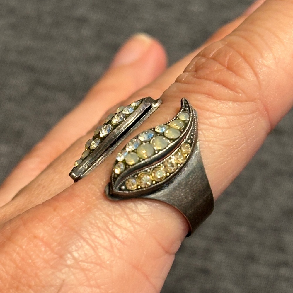 Silver-Tone Opalescent Pavé Crystal Leaf Ring, OS - Picture 2 of 6